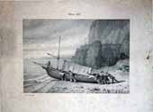 Nice, 1837 ; par E. P. Mise à l'eau d'une barque près du Boucin de Samson à l'entrée du port de Nice.